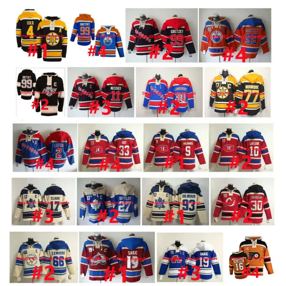 Wayne Gretzky Old Time Hoodie Joe Sakic Bobby Orr Hockey Jersey Mark Messier Oilers Henrik Lundqvist Rangers Wendel Clark Penguins Lemieux rare