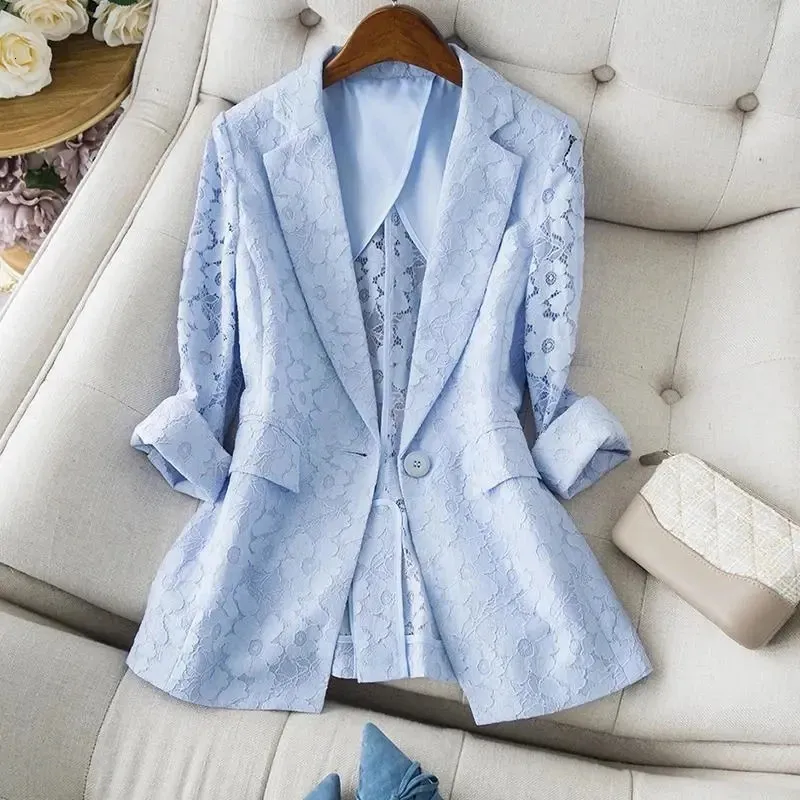 Kvinnors kostymer blazers blazer en dentelle bleue a col en v fin et ajoure pour femme costume de bureau manteau d'ete slim et elegant nouveau 231205