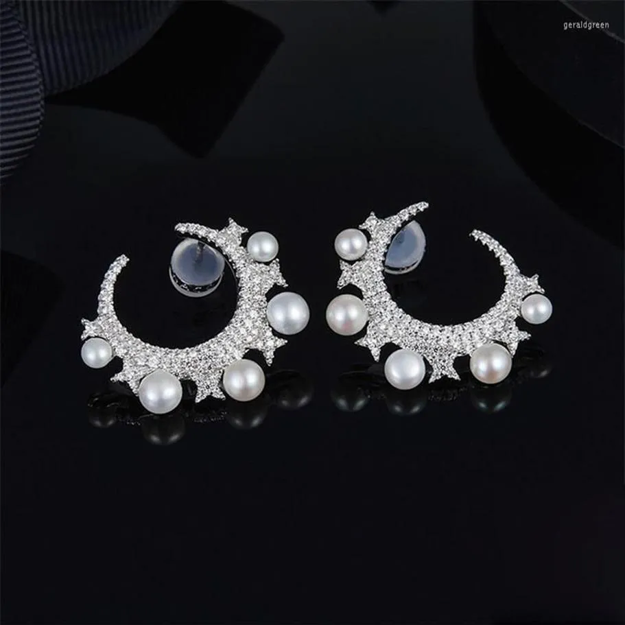 Studörhängen 925 Sterling Silver Pearl Cubic Zirconia Star Moon Earring Elegant Designer Women Wedding Jewelry322h