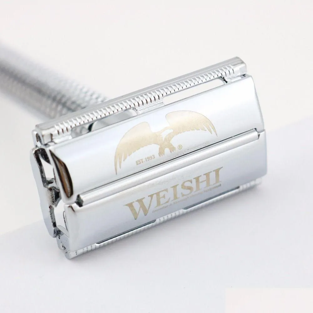 Razors Blades Weishi Safety Razor Butterfly Long Handle High Level Brass Double Edged Rakning 9306FL 9306CL 9306IL SIERY GUN Color DHWBX