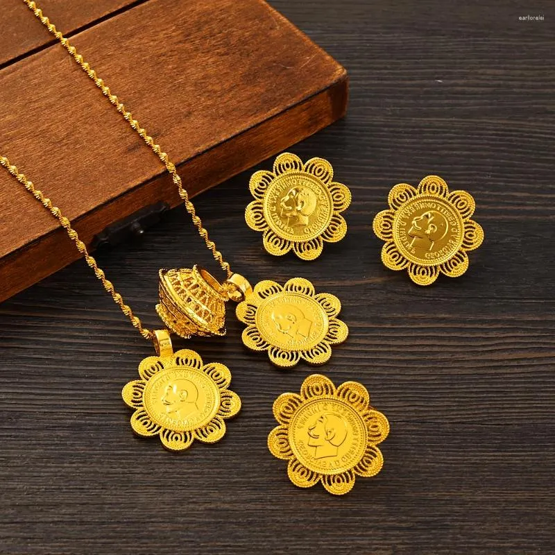 Necklace Earrings Set Gold Color Jewelry Round Classic Coin 2PCS Pendant Earring Ring Africa Women Men Bridal Wedding Party Eritrea Gift