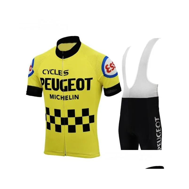 Molteni Peugeot NEW Man White / Yellow Vintage Cycling Jersey Set Short Sleeve Cycling Clothing Riding Clothes Suit Bike Wear Shorts Gel