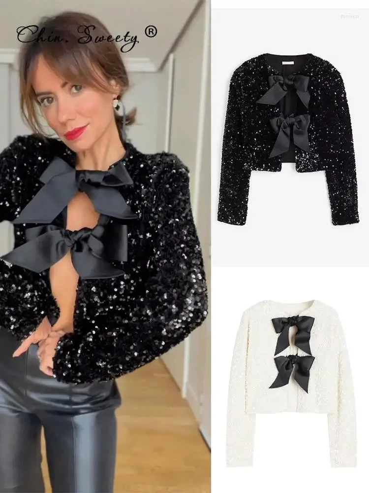 Vestes Femmes Tie-Front Bow Veste à paillettes pour femmes Chic Vacances Manteau étincelant Femme Manches longues Sexy Crop Top Brillant Soirée