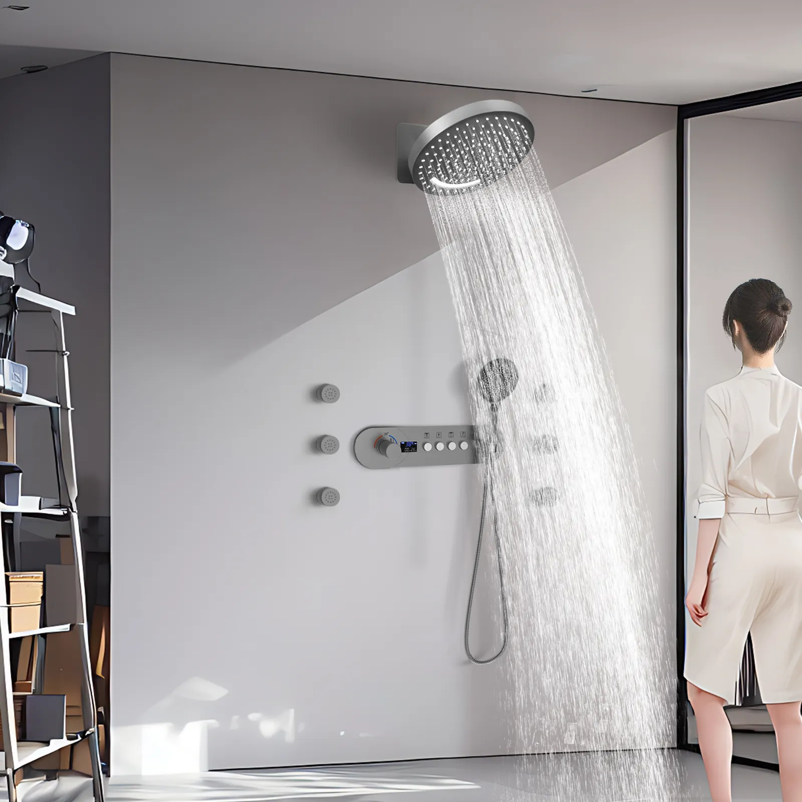 Grey Gun Wall Mount Shower Head Set Thermostatic Digital Display
