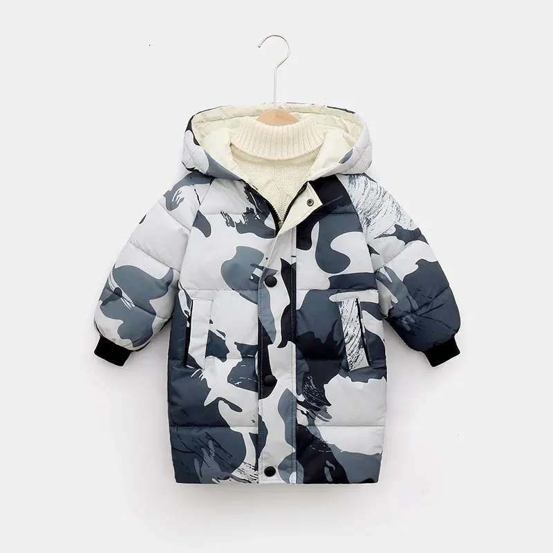 Vestes Hiver garçons veste longue Style épais chaud Camouflage impression vêtements d'extérieur à capuche pour 312 ans enfants coupe-vent manteau 231204