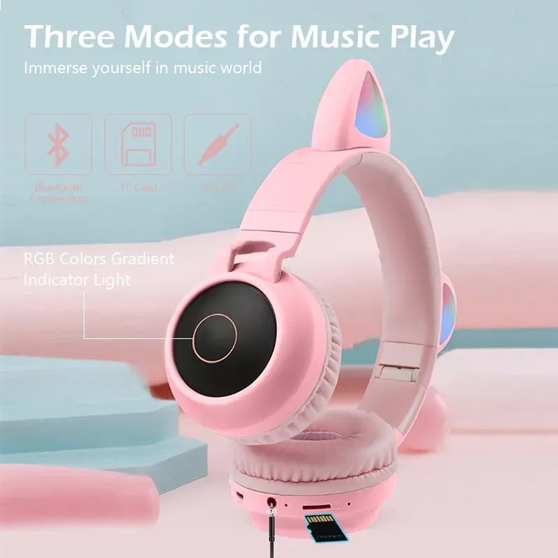 LED Cat Ear Noise Cancelling Headphones Bluetooth 5.0 Young People Kids Headset Support TF Card 3.5mm Plug With Mic