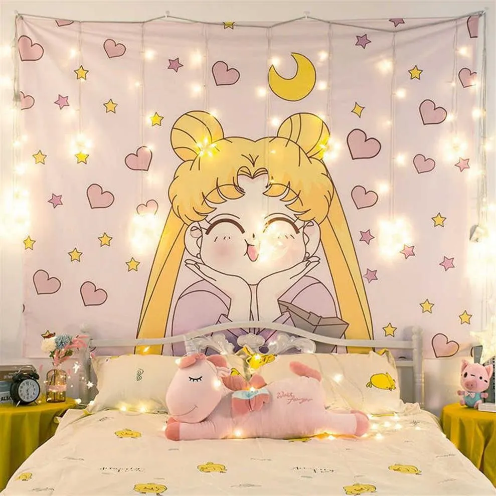 Dessin animé marin lune imprimé Anime tapisserie fille dortoir décor tenture murale Tapiz rose tapisseries 210608177n