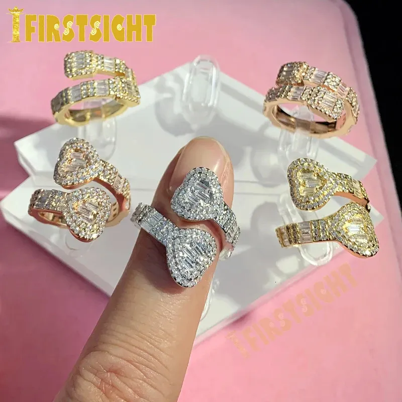 Trouwringen Iced Out Bling Vierkant Hart CZ Verstelbare Maat Ring Goud Zilver Kleur Micro Pave Hip Hop Heren sieraden 231205