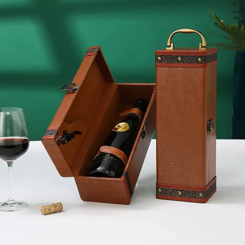 Juldekorationer Vintage PU Leather Box Wine Bottle Carrying Holder Storage Case for Gift Fashion Pack High Grade Friends Business 231205