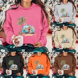 Women`s Hoodies Round Neck Long Sleeved Coconut Tree Printed Hoodie Fuzzy Pullover Women Full Zip