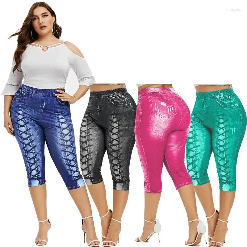 Kvinnors leggings rosegal plus size mid-calf 3d snörning jean tryck hög midja capri byxor sommar mode yoga sport pant mujer