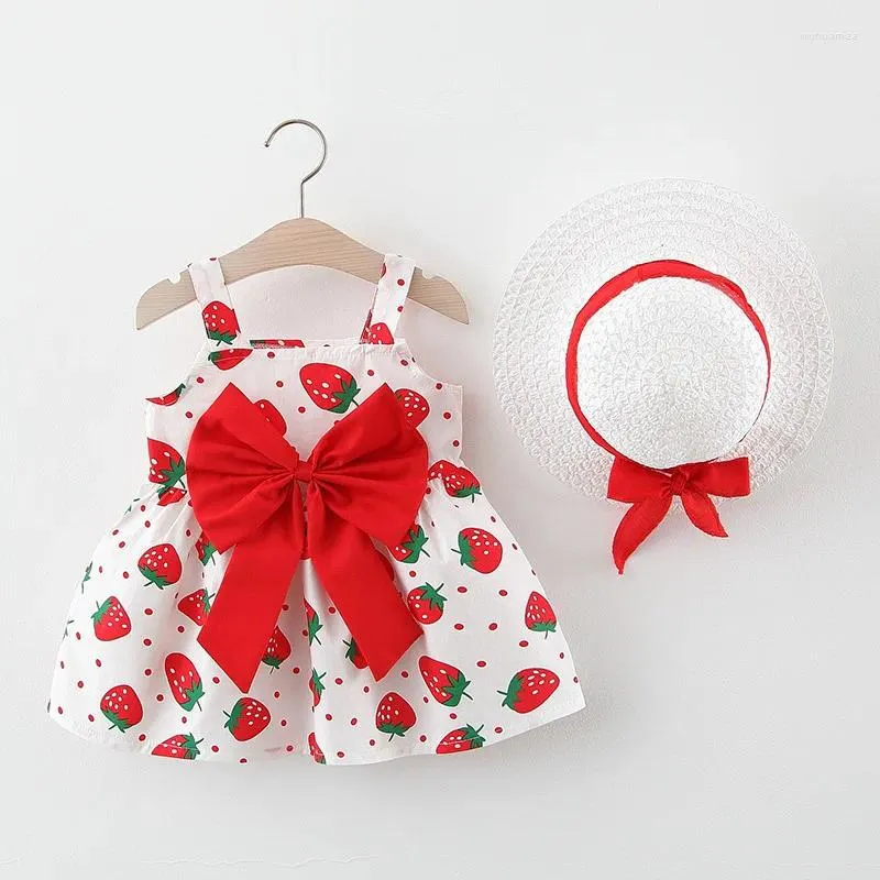 Robes d'été pour filles, robe à bretelles pour bébé, livraison légère, chapeau de soleil, imprimé fraise, Style doux et mignon, vêtements pour 1 à 4 ans