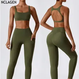 Yoga Outfit NCLAGEN Quick Dry Suit Fitness Pocket Tight Set Pushup Bra And Leggings Breathable Training Trousers Gymwear For Women 231120