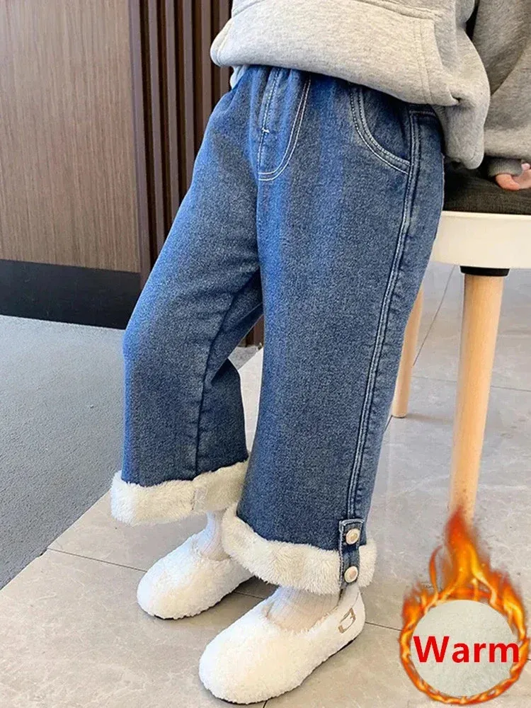 Jeans Épais velours doublé filles jean jambe large pantalon hiver chaud élastique taille haute enfants Vaqueros pantalons en peluche enfants Jeansy 231204