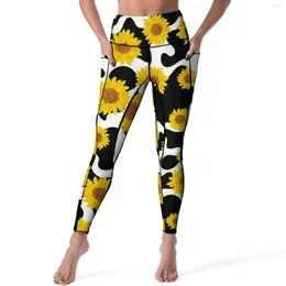 Women`s Leggings Cow Print Sexy Y2K Cute Sunflower Fitness Yoga Pants High Waist Stretchy Sports Tights Pockets Elegant Custom Leggins