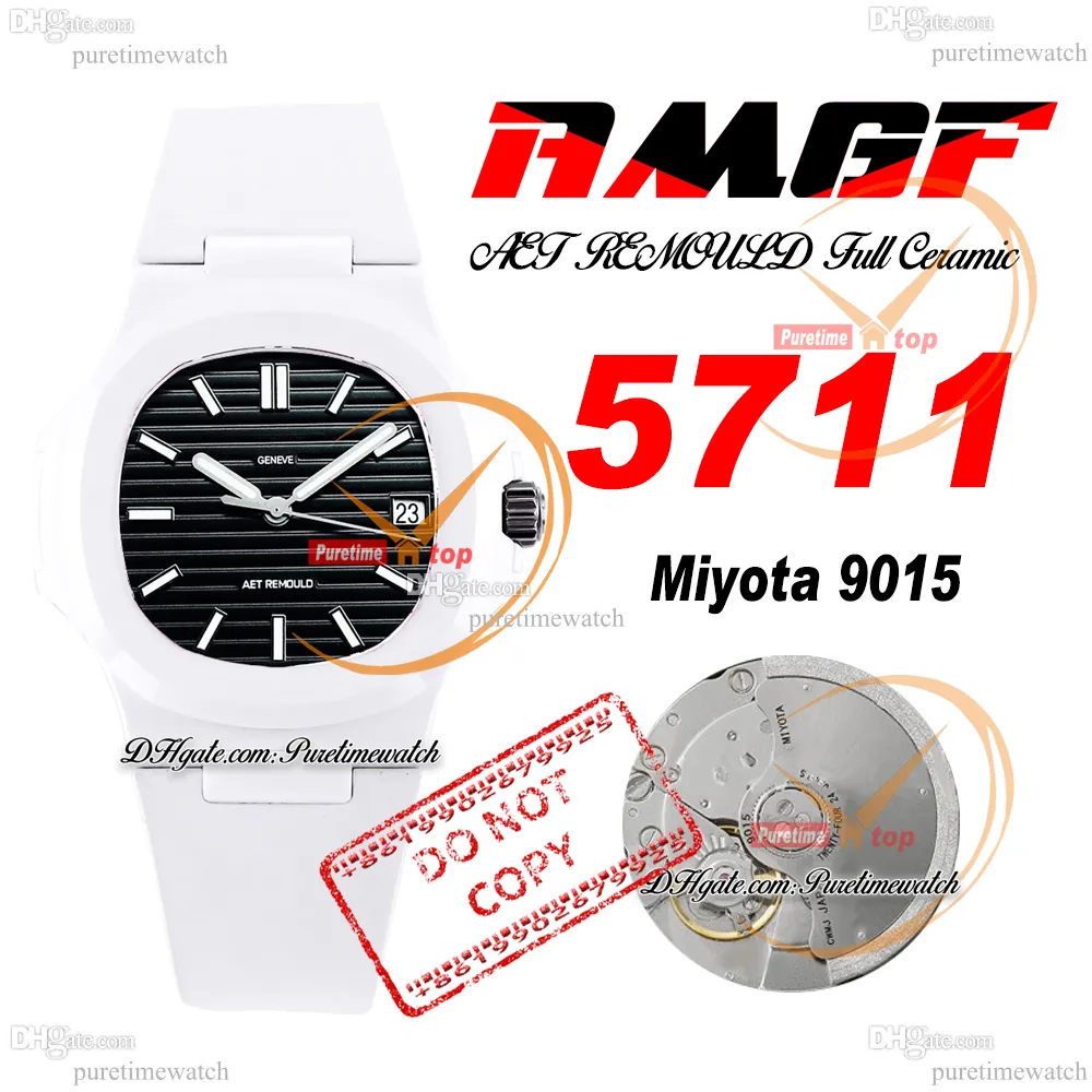 AMGF AET 5711 MIYOTA 9015 Automatisk herrar Titta på 40mm vitt keramiskt fodral svart texturerad stick dial gummi superutgåva klockor reloj hombre puretime d4