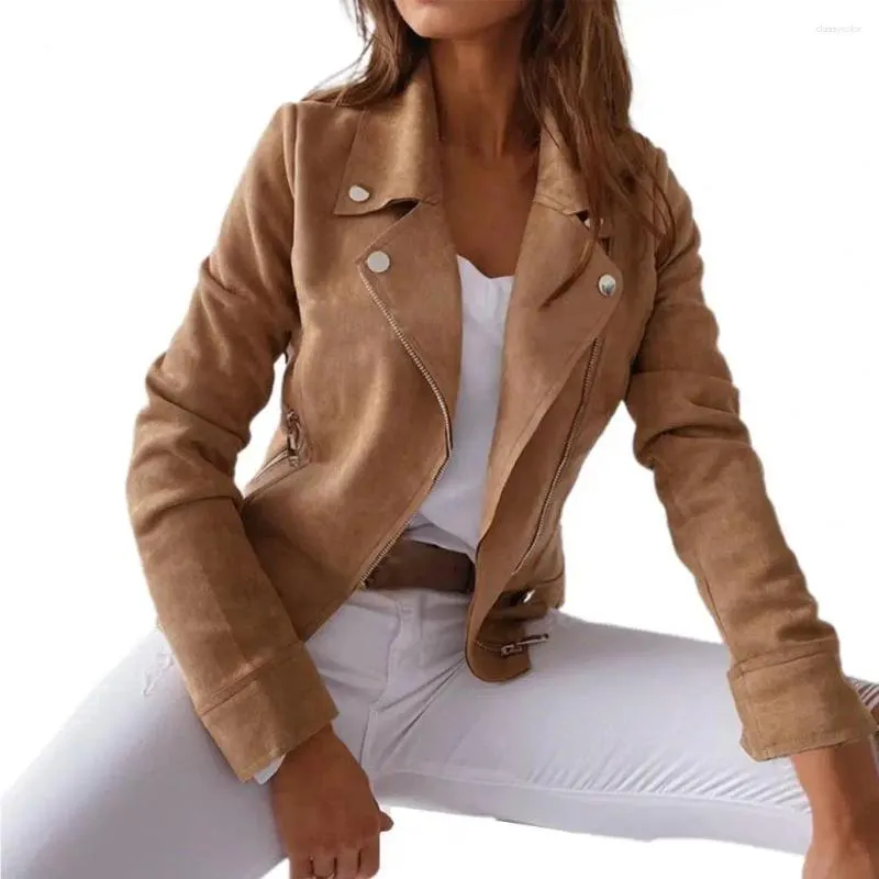 Women's Jackets Lady Leather Jacket Long Sleeves Solid Color Turn-down Collar Faux Suede Windproof Biker For Motor Riding Outwear
