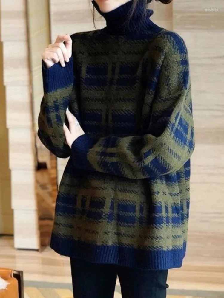 Pulls pour femmes Mode Femmes 2023 Automne Hiver Plaid Coréen Col Roulé Pulls À Manches Longues Top Vintage Tricots Vêtements