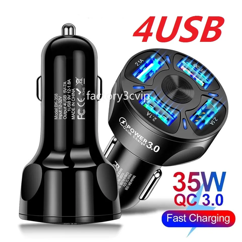 7A 35W Szybkie szybkie ładowanie 4usb Porty QC3.0 Ładowarki samochodowe Adaptery dla iPhone'a 15 12 13 14 Samsung LG F1 z pudełkiem detalicznym