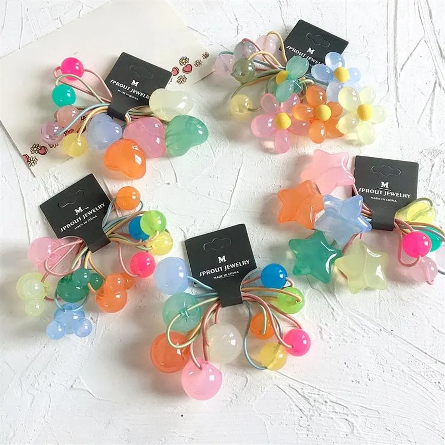 5 Stuks Set Zoete Leuke Acryl Snoep Kleuren Jelly Hart Kleine Bloemen Kinderen Elastiekje Voor Meisje Mode Haar accessoires212N