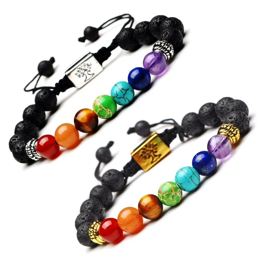 Perlé 7 Chakra Arbre de vie Bracelets Pierres de lave Mticolor Perles Corde Bracelet Diffuseur d'huile essentielle Drop Livraison Bijoux Dhnqc