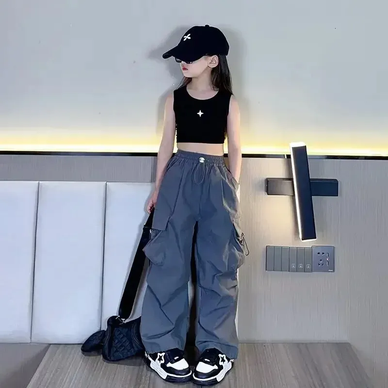 Trousers Spring Autumn Girls Pants Children Cargo Pants Sport Casual Pant Girls Fashion Versatile Appear Thin Pockets Cargo Pants 231204