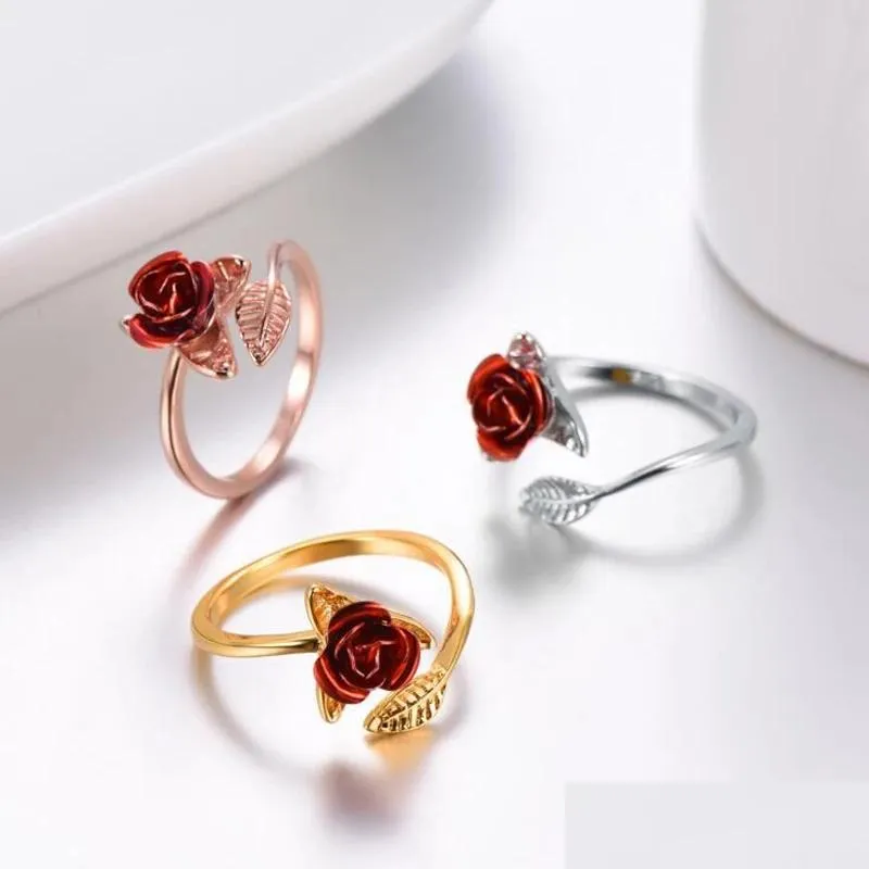 Bagues de bande Femmes Bague Rouge Rose Jardin Fleur Feuilles Ouvert Doigt Redimensionnable Pour Saint Valentin Cadeau Bijoux Drop Livraison Dhzqg