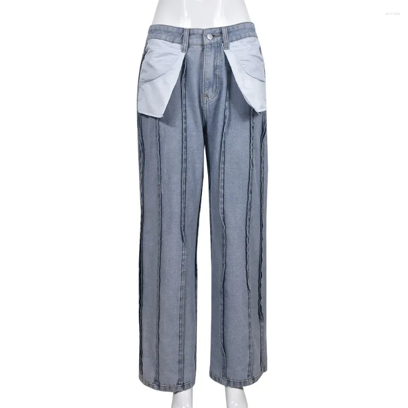 Jeans feminino estilo jeans feminino 2023 outono picante meninas moda de rua personalizado design de desgaste reverso emendado listra reta