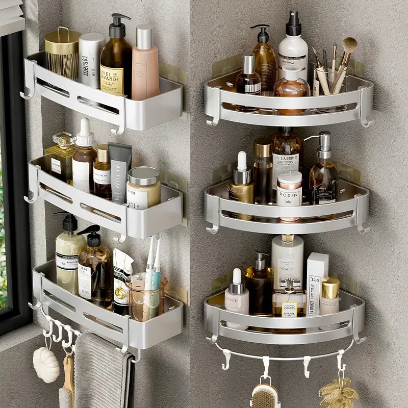 Bathroom Shelves Bathroom Shelf No Drill Wall Mounted Shampoo Bottle Shower Corner Rack Toilet Storage Rack Aluminum Bathroom Kitchen Accessories 231204