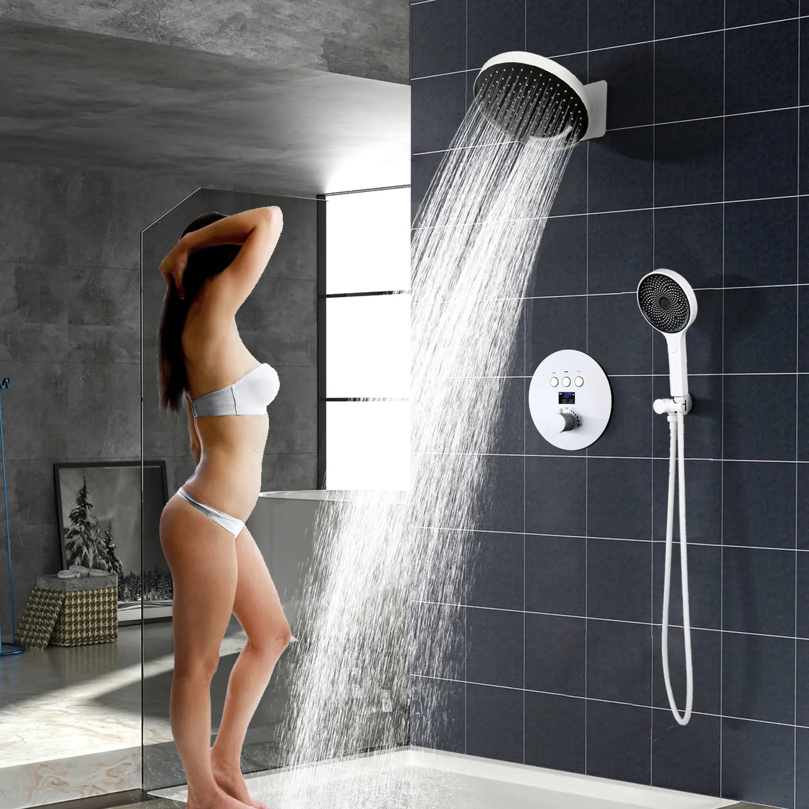 Nowy biały naścienna deszcz i wodospad głowica prysznicowa łazienka cyfrowa termostatyczna kran prysznicowy