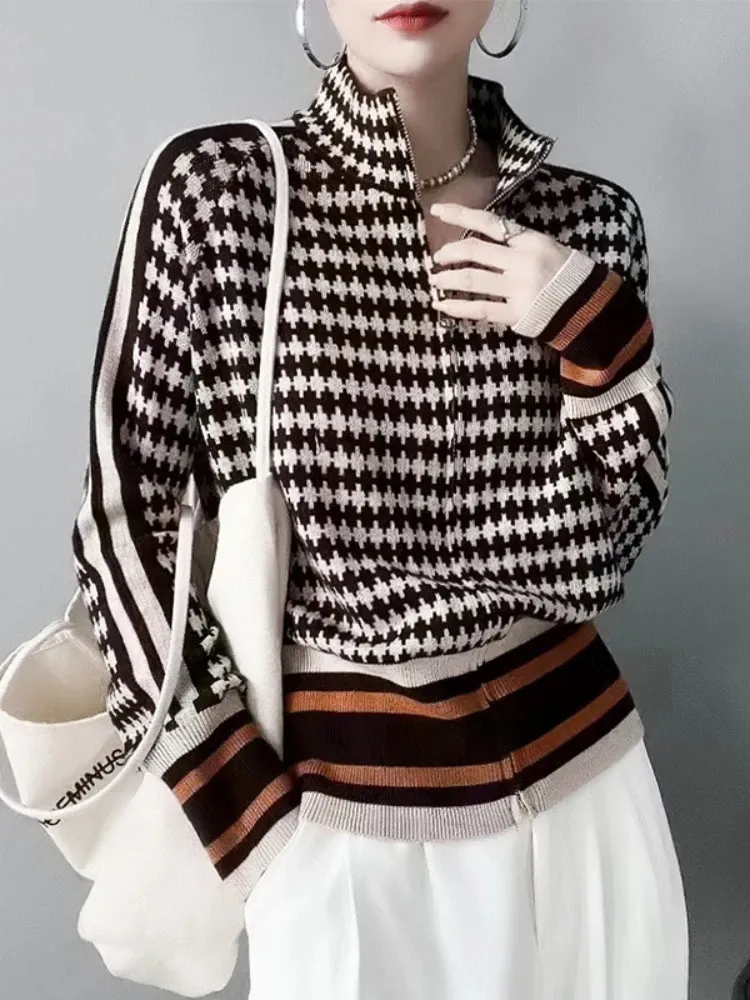 Womens Sweaters Winter Turtleneck Sweater Warm Pullover Elegant Top Loose Casual Retro Contrast Color Cardigan 231204