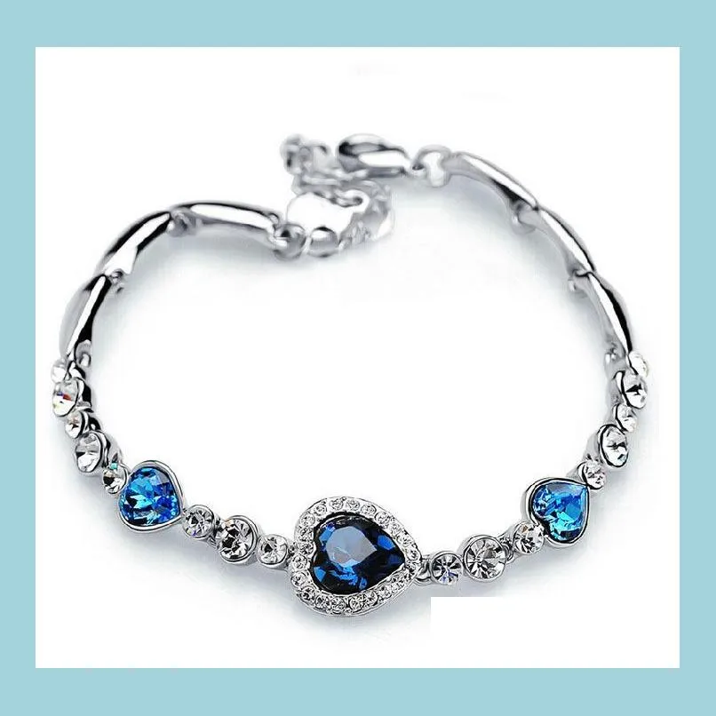 Bracelets de charme Bracelets bleu océan plaqué argent cristal strass coeur bracelet à breloques bracelet cadeau bijoux livraison directe bijoux B Dhnqk