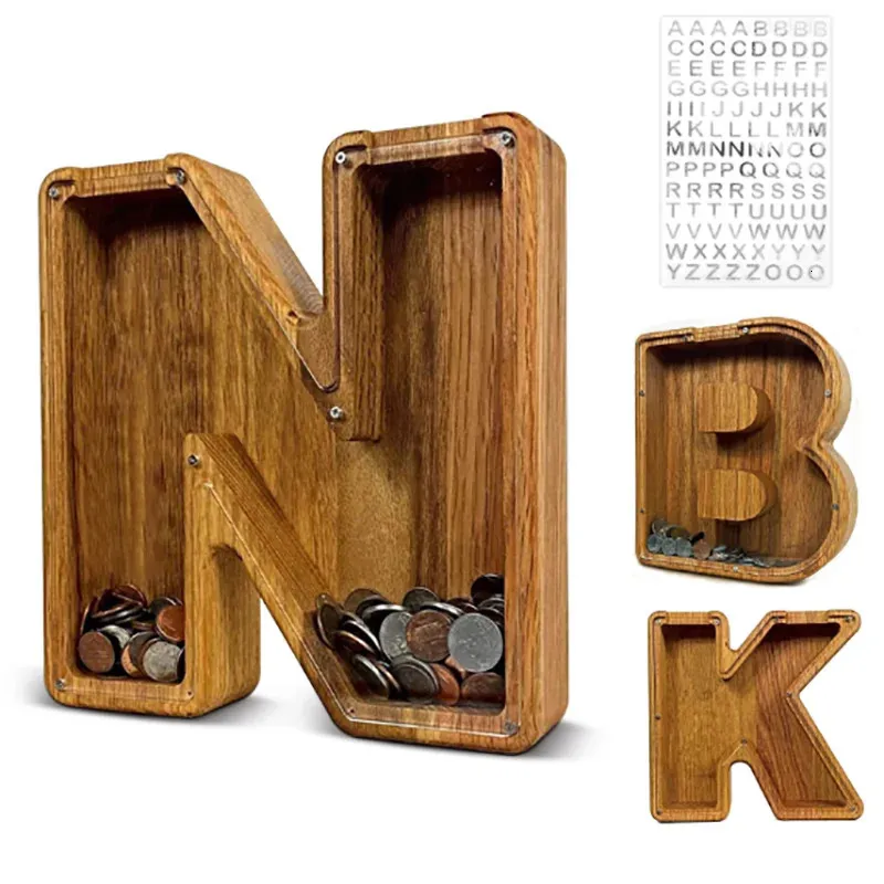 Novelty Items Twenty six English Alphabet Moneybox Coin Money Piggy Bank Wooden Letter Saving Box Desktop Ornament Home Decor Crafts For Kids 231204