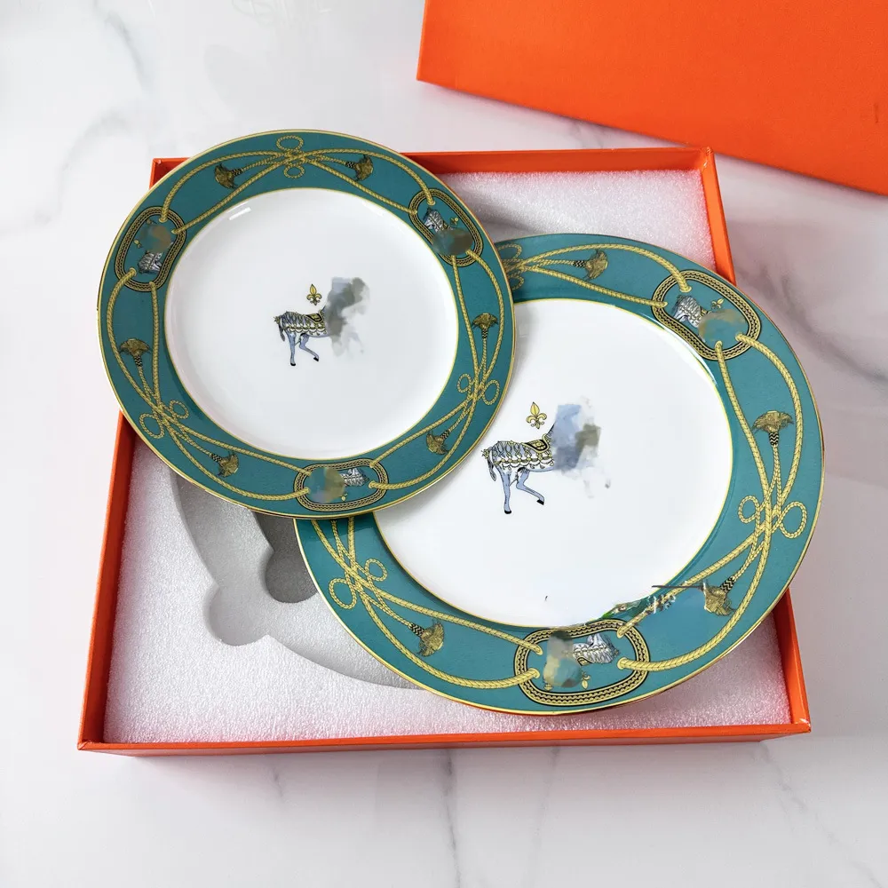 Designer Dishes New Orange Horse Patterns Two-piece Plate Ceramic Western Home Plate Cake Dishes Steak Dessert Fruit Plates with Box