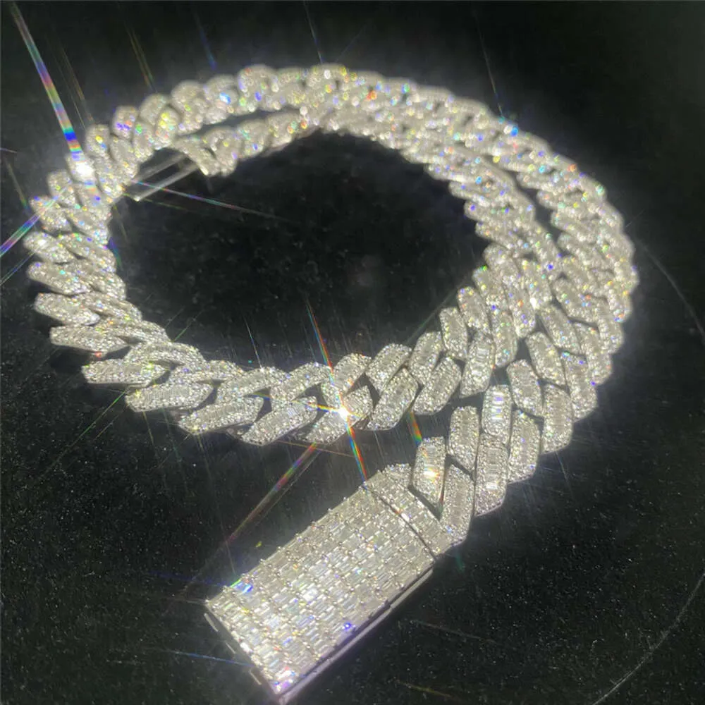 Bracelet de rappeur Hip Hop personnalisé épais 15mm Vvs Moissanite Baguette diamant Miami chaîne à maillons cubains pour hommes Oem chaîne cubaine en argent 925