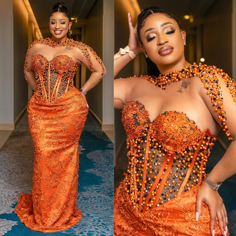 Oranje Aso Ebi Galajurken Illusie Zeemeermin Lange mouwen Doorzichtige hals Sexy Kralen Parels Kant Tule Formele Jurk Zwarte Meisjes Tweede Receptie Avondjurk ST595