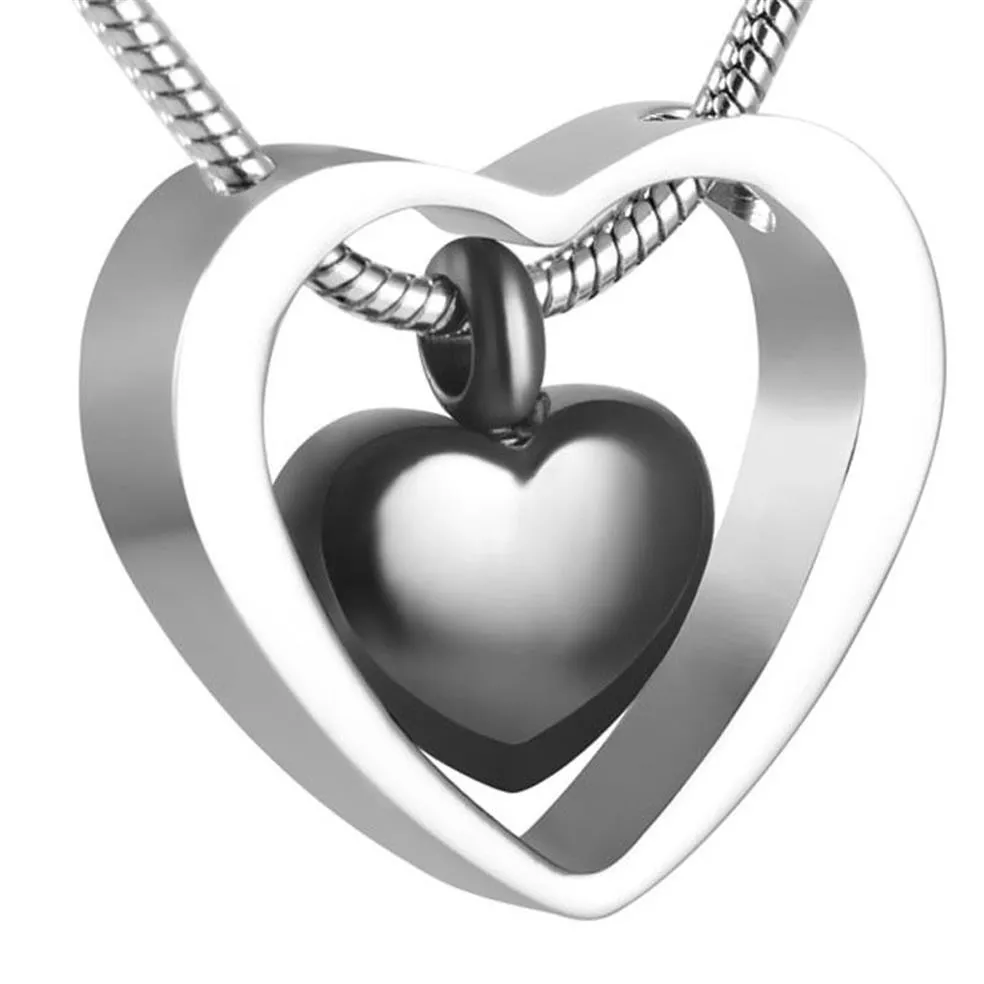 LKJ8078 Collar de cremación de acero inoxidable con diseño de corazones dobles en tono plateado y negro, colgante para cenizas humanas, colgante de cremación grabable212B
