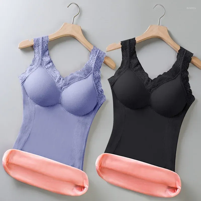 Camisoles tanques roupa interior térmica engrossado quente regata com decote em v renda pele-amigável sutiãs de pelúcia com almofada no peito inverno feminino