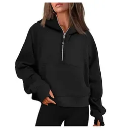 lululemens-43 Autumn Winter Yoga Suit Scuba Hoodie Half Zip Women`s Sports Sweater Loose Gym Jacket Fitness Short Plush Coat SweatshirtF