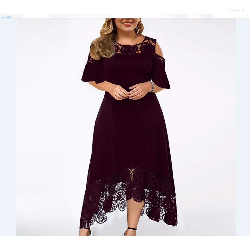 Casual Dresses Wepbel Solid Color Patchwork Ruffled Short Sleeve Pullover Dress Lace Women Irregular Hem Slim Fits Summer