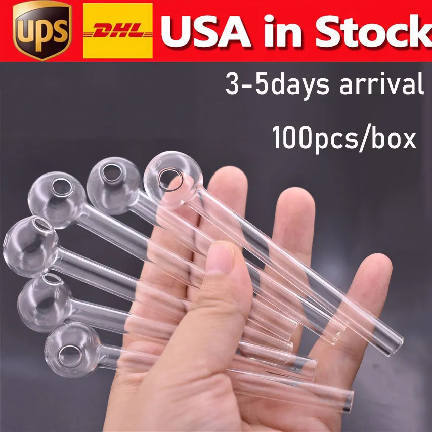 Stock aux États-Unis Tuyaux de brûleur à mazout en verre 100pcs / boîte 4 pouces Épaisseur de pot droit Tubes de haute qualité Tuyau en verre pour Bongs Dab Oils Rig Pipe à fumer