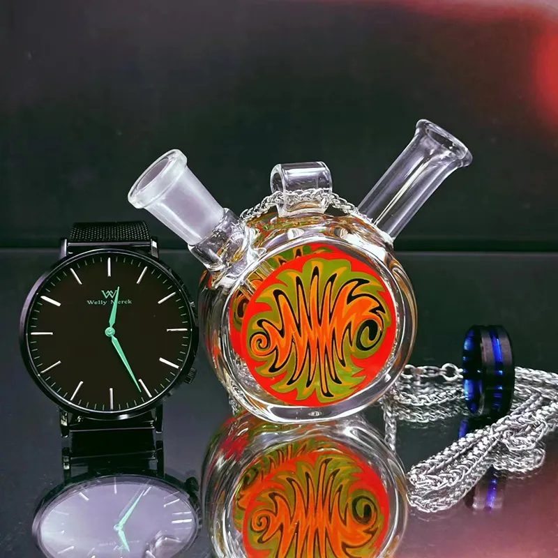Colorful Mini Glass Bong Portable Recycler Necklace With Female Hand