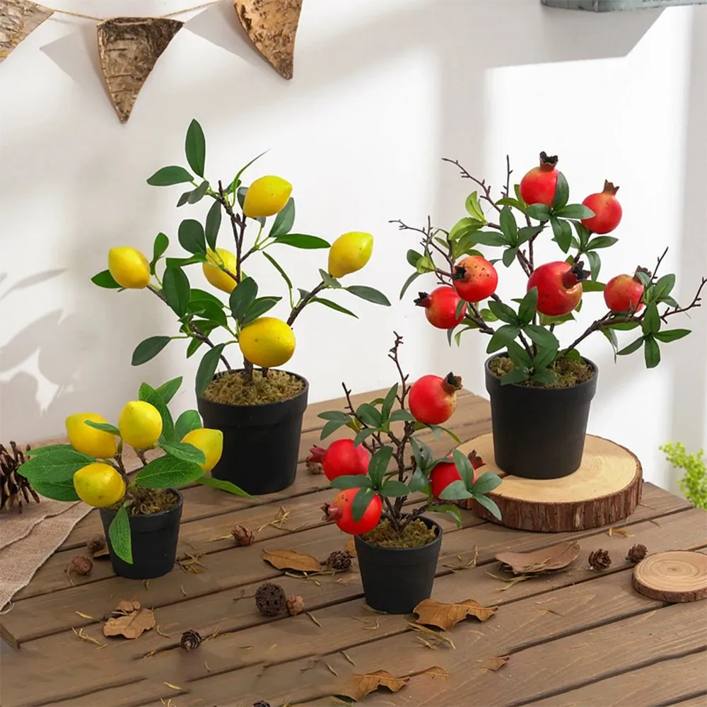 Artificial Plants Pomegranate Fruit Pot Faux Tree Branch Decorations Cute Room Decor Plastic Potted Plants For Home Decoration