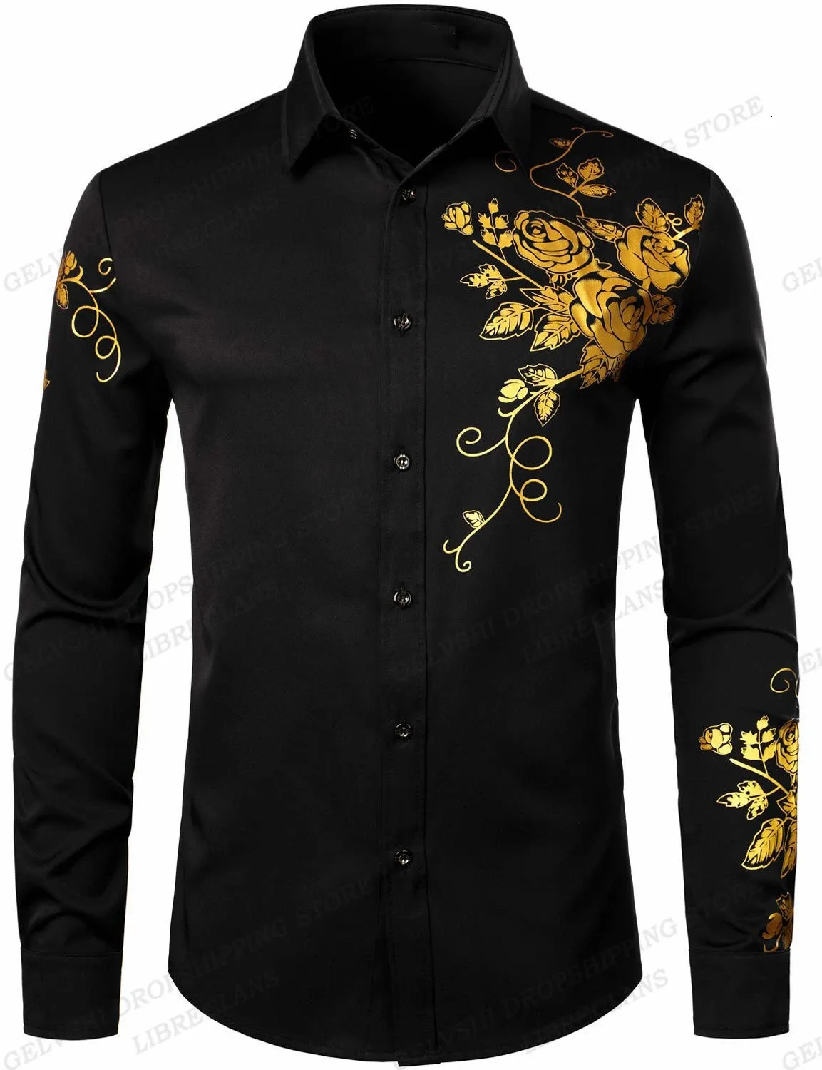 Herren-Freizeithemden, langärmelig, Hawaii-Hemden, goldene Blumenhemden, Herrenmode-Hemd, lässige Strandbluse, Bussiness Camisa, Herrenbekleidung, Knopfleiste, 231205