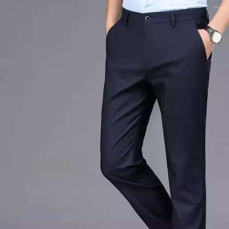 Men's Suits Velvet Lined Suit Pants Soft Thickened Plush Business Wrinkle-free Straight Leg Mid Waist Elastic For Office Men