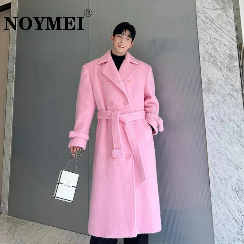 Herrgrenar Noymei Windbreaker Autumn/Winter Korean Style All-Match Thicked Double Breasted Pink Wool Coat Fashion Men Trench WA3168 231204