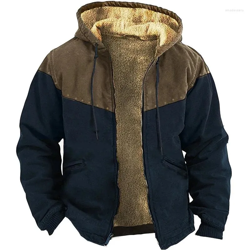 Hoodies masculinos com zíper inverno velo parka casacos retalhos gráficos tribais jaqueta camisolas outerwear com capuz zip-up casacos