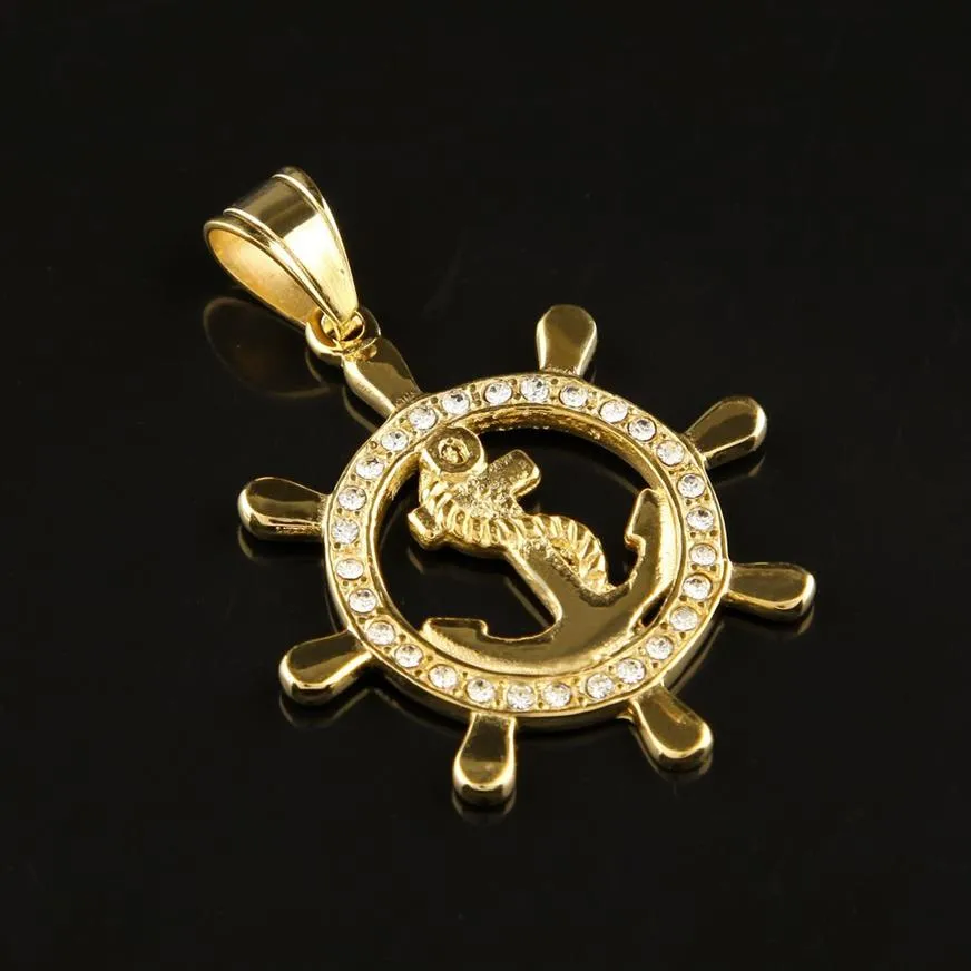 Okrągły kotwica stalowa stali nierdzewnej 24K Gold Out Bling Rhinestone Punk Naszyjnik długi łańcuch kubańska mężczyźni kobiety Hiphop Jewelry220a