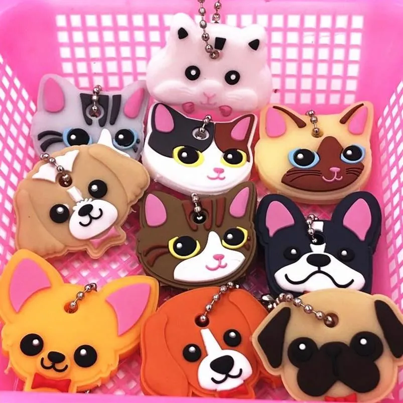 40pcs Lot Silicone Key Ring Cap Head Cover Keychain Case Shell Cat Hamster Pug Dog Animals Shape Lovely Jewelry Gifts PVC Cartoon 308t