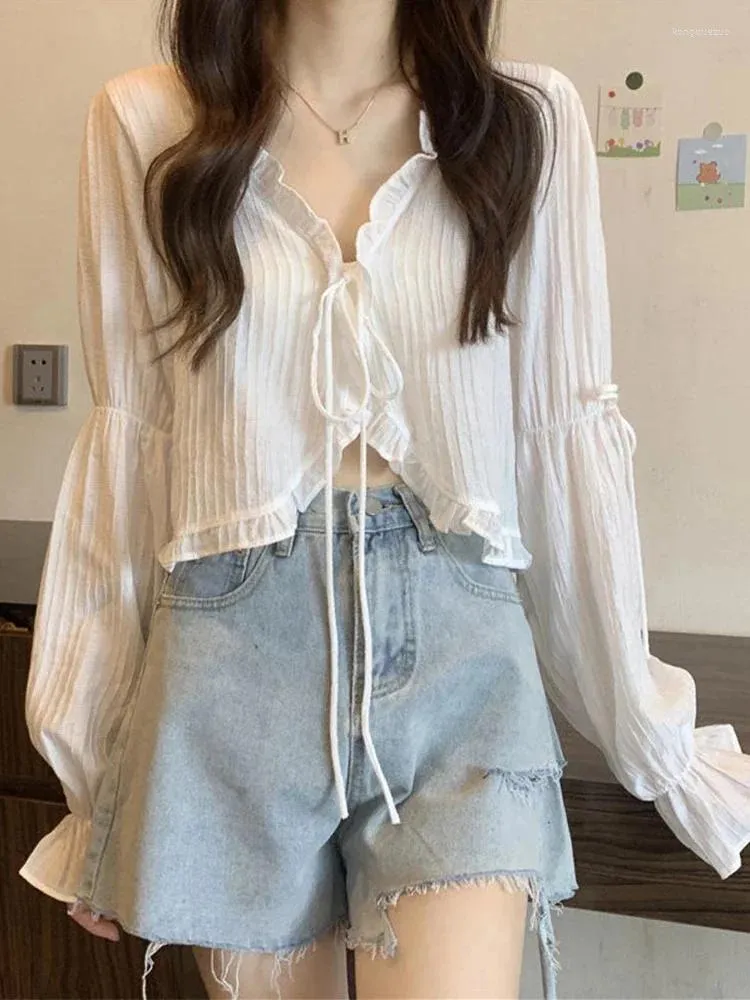 Women's Jackets Elegant Sweet Casual Cardigan Women Summer Long Sleeve Ruffles Crop Top Ladies Korean Fashion Bandage Design Thin Sunscreen